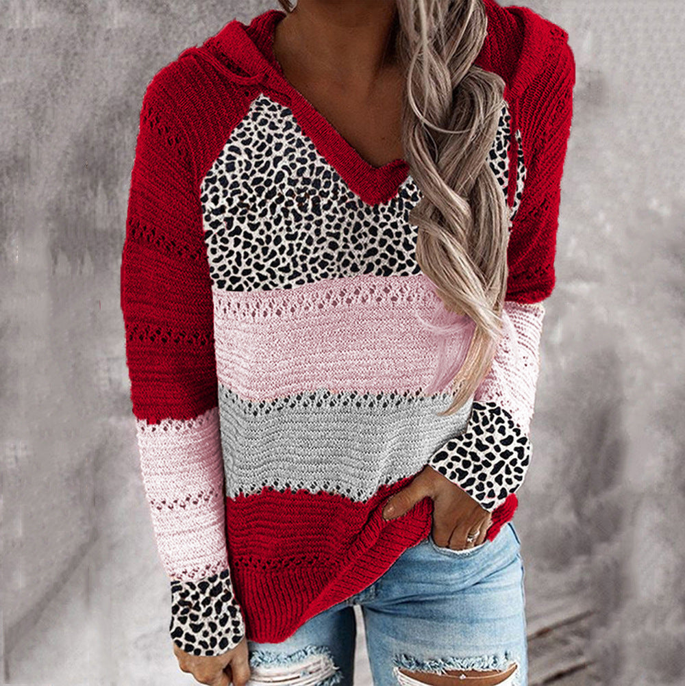 Women's Striped Loose V-neck Hooded Long-sleeve Sweater - KaleaBoutique.com