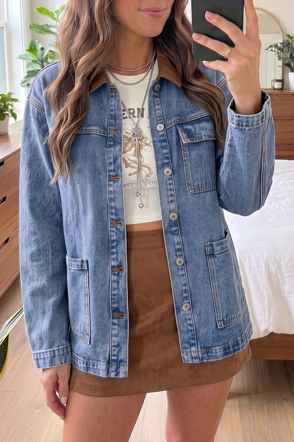 Patchwork Leather Collar Long Sleeve Denim Jacket - KaleaBoutique.com