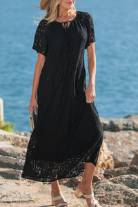 KaleaBoutique Comfortable Floral Lace Overlay Tassel Tie Short Sleeve Beach Vacation Loose Maxi Dress - KaleaBoutique.com