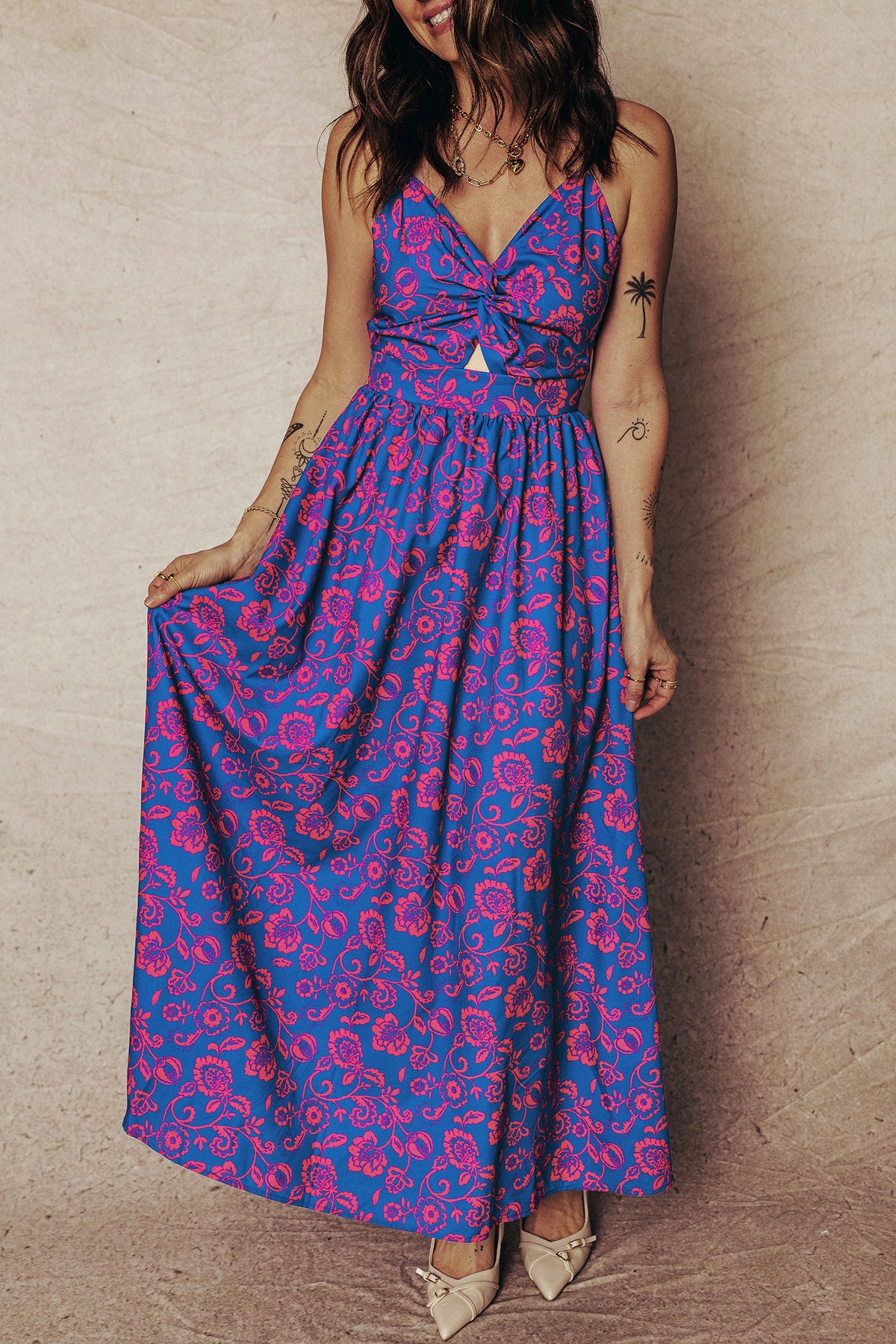KaleaBoutique Stylish Floral Print Twisted V Neck Tied Backless Maxi Dress - KaleaBoutique.com
