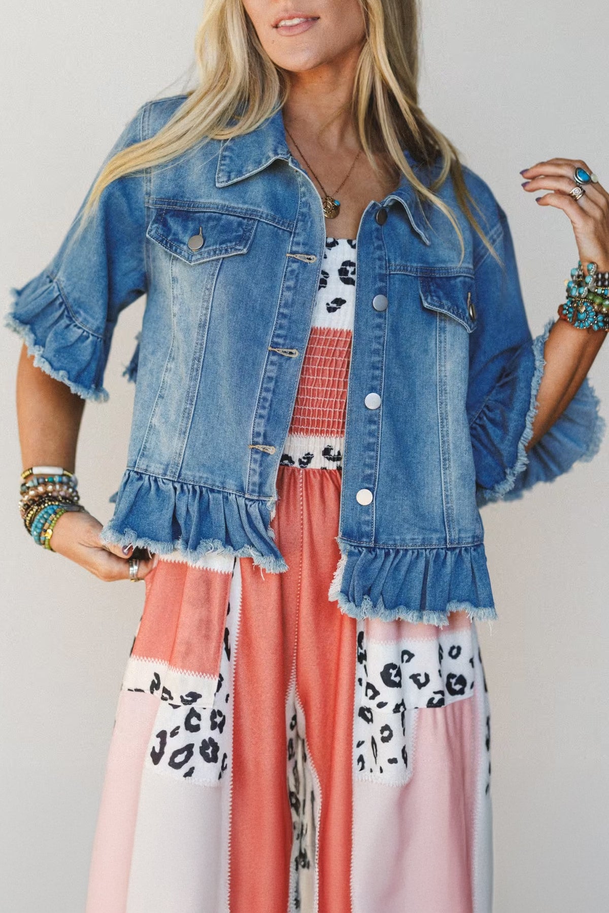 Ruffle Hem Raw Edge Half Sleeve Western Denim Jacket - KaleaBoutique.com