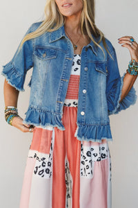 Ruffle Hem Raw Edge Half Sleeve Western Denim Jacket - KaleaBoutique.com