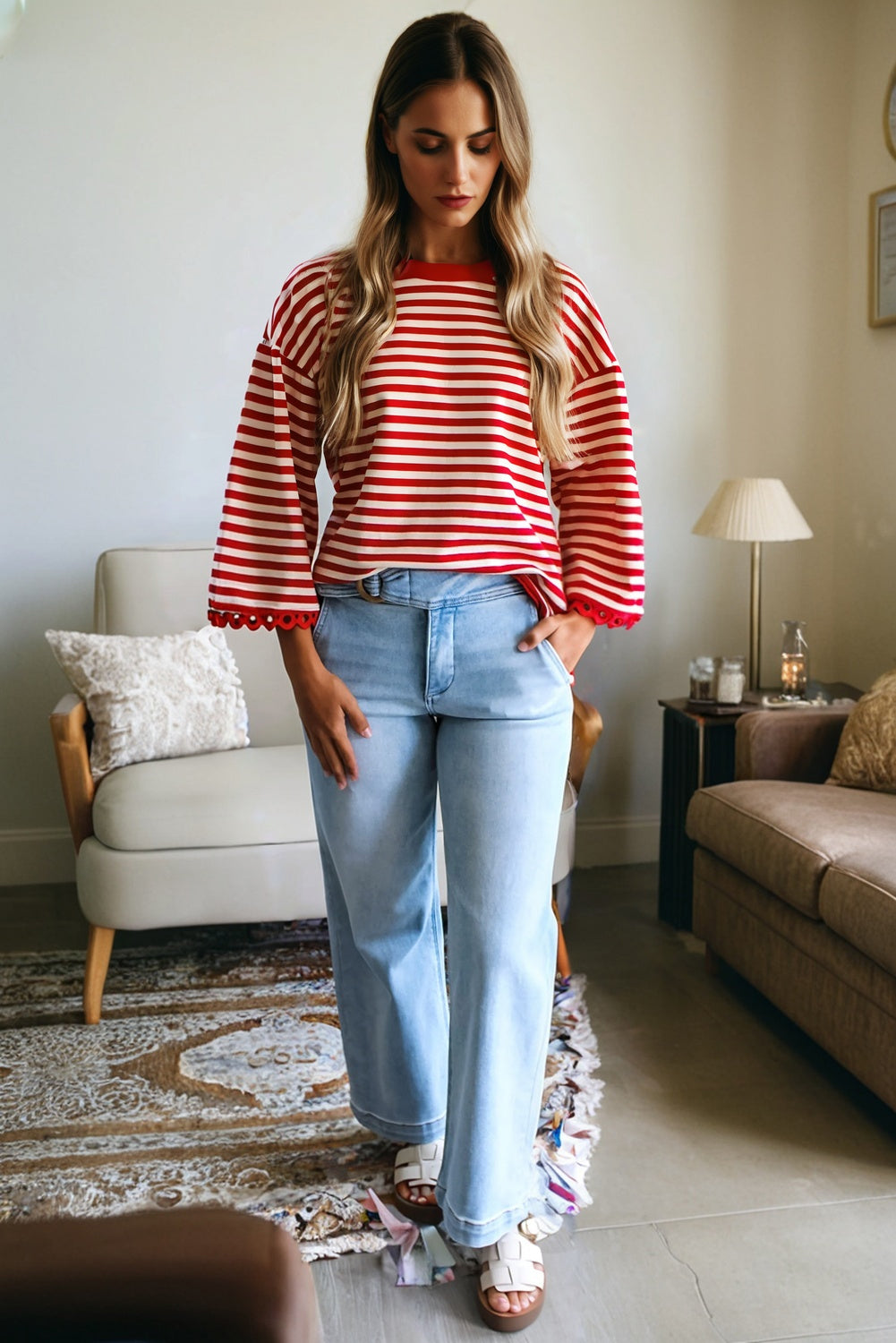 KaleaBoutique Stylish Striped Print Drop Shoulder Lace Trim Bracelet Sleeve Loose Top - KaleaBoutique.com