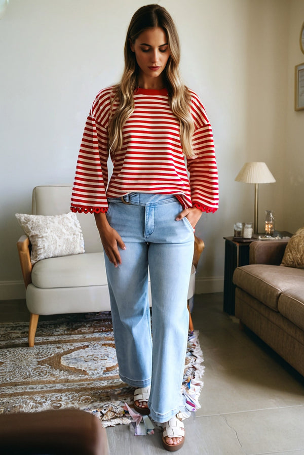 KaleaBoutique Stylish Striped Print Drop Shoulder Lace Trim Bracelet Sleeve Loose Top - KaleaBoutique.com