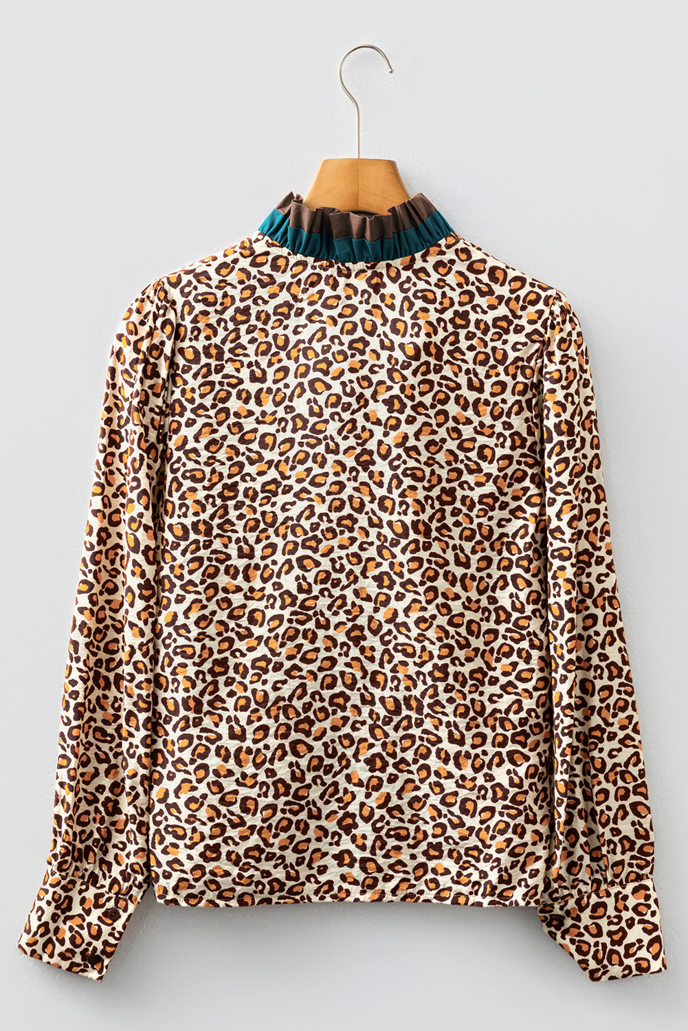 KaleaBoutique Stylish Leopard Print Contrast Frilled Trim Button Down V Neck Shirt - KaleaBoutique.com