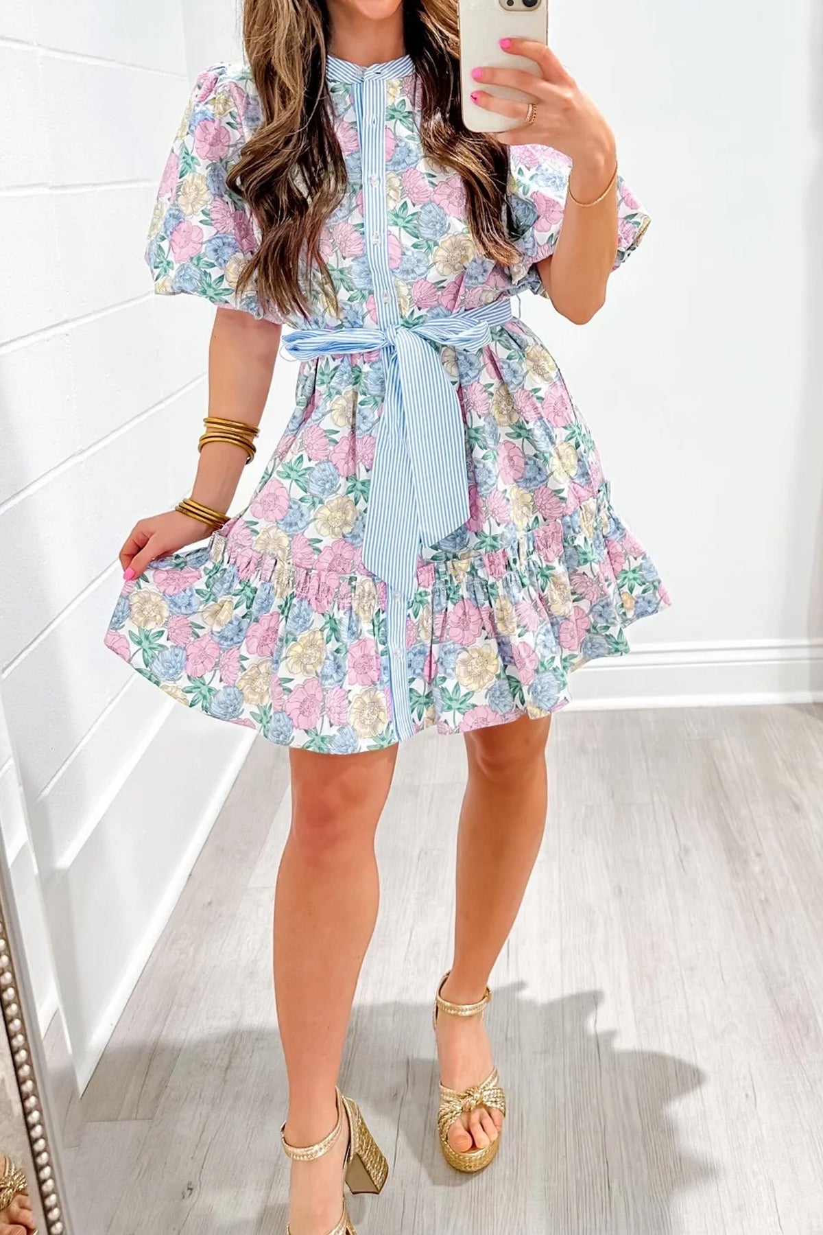 KaleaBoutique Stylish Floral Print Striped Contrast Trim Belted Short Dress - KaleaBoutique.com