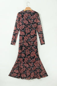 KaleaBoutique Stylish Retro Floral Print Long Sleeve Casual Mesh Dress - KaleaBoutique.com