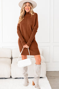 KaleaBoutique Stylish Ribbed High Neck Front Pockets Center Seam Shift Sweater Dress - KaleaBoutique.com