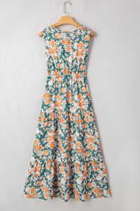 KaleaBoutique Stylish Floral Print Trimmed V Neck Tie Waist Sleeveless Holiday Long Dress - KaleaBoutique.com