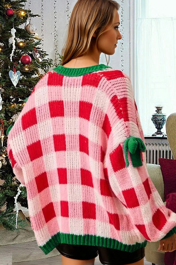 KaleaBoutique Comfortable Plaid Knit Bow Knot Decor Open Front Sweater Cardigan - KaleaBoutique.com