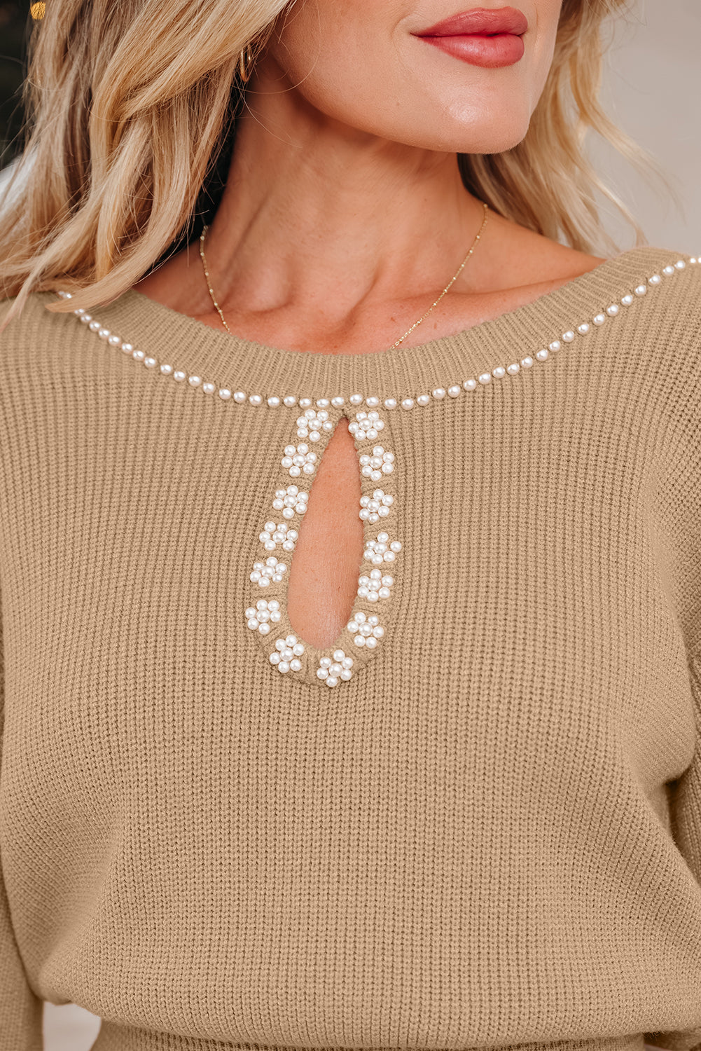 KaleaBoutique Stylish Pearl Embellished Keyhole Ribbed Sweater Dress - KaleaBoutique.com