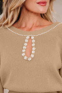 KaleaBoutique Stylish Pearl Embellished Keyhole Ribbed Sweater Dress - KaleaBoutique.com