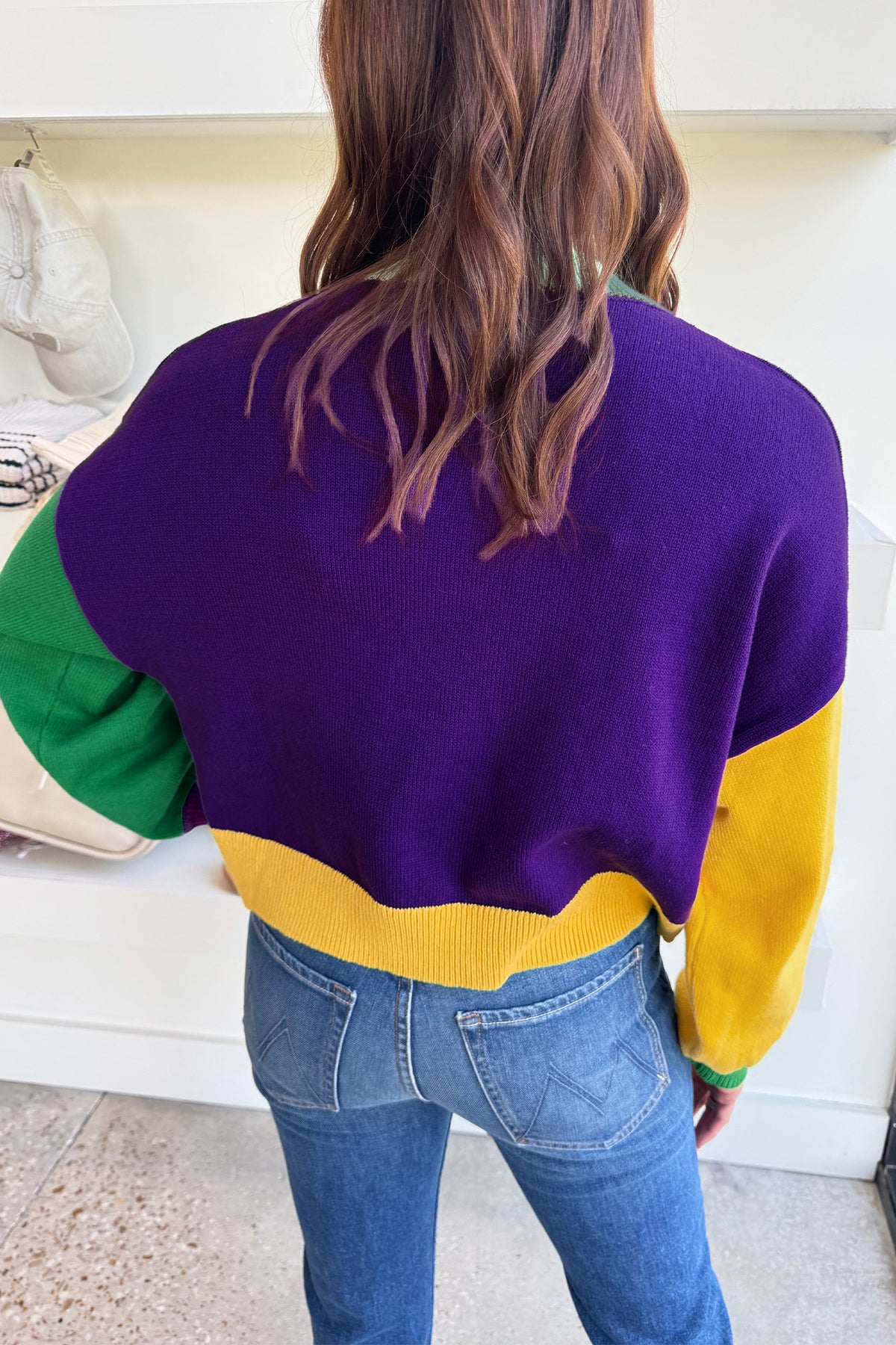 Colorblock Patchwork Fuzzy Mardi Gras Graphic Sweater - KaleaBoutique.com