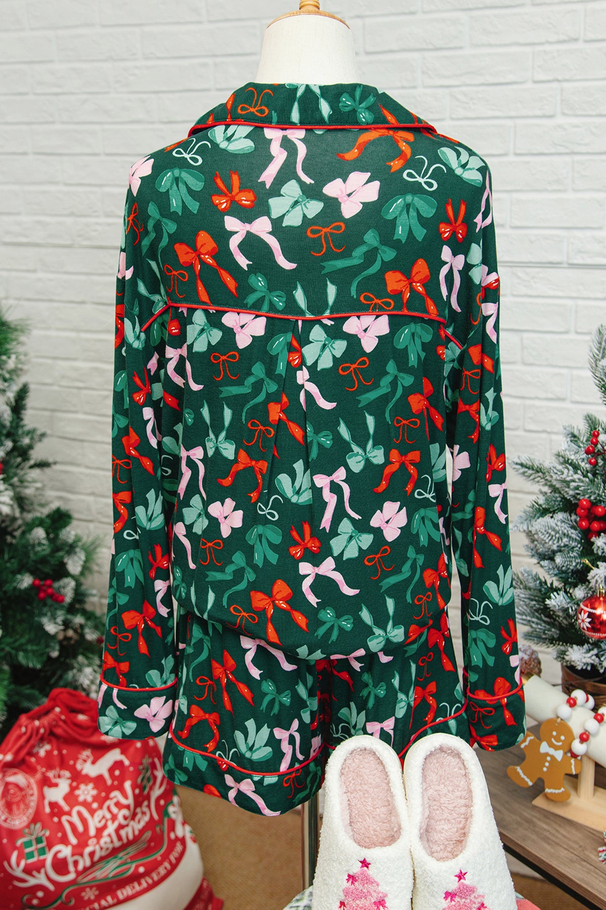 KaleaBoutique Stylish Festive Bow Print Long Sleeve Shirt and Pajama Short Set - KaleaBoutique.com