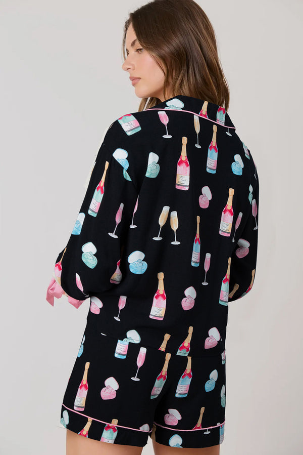 KaleaBoutique Stylish Christmas Wine Glass Print Bow Knot Two Piece Pajama Set - KaleaBoutique.com