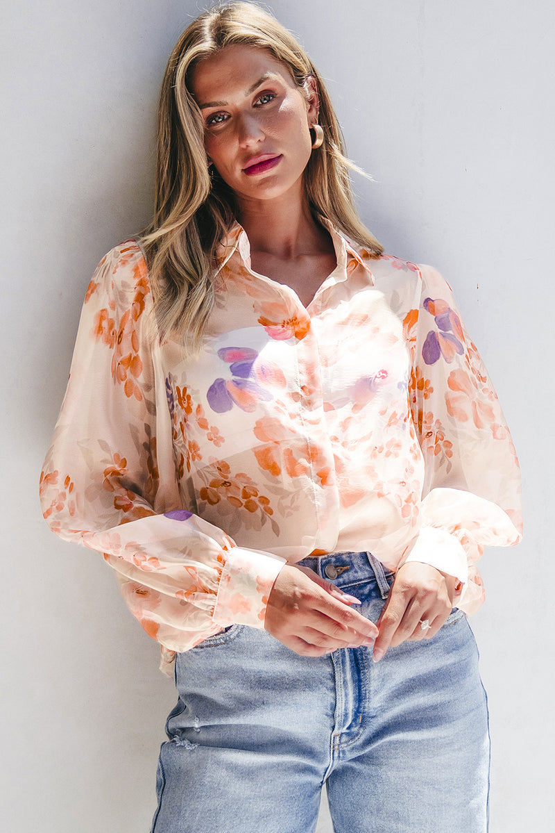 KaleaBoutique Floral Print Collared Balloon Sleeve Loose Shirt - KaleaBoutique.com