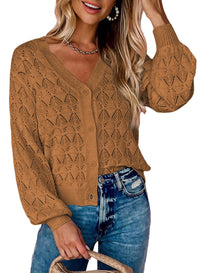 Women's Openwork V-Neck Button-Front Balloon-Sleeve Cardigan - KaleaBoutique.com