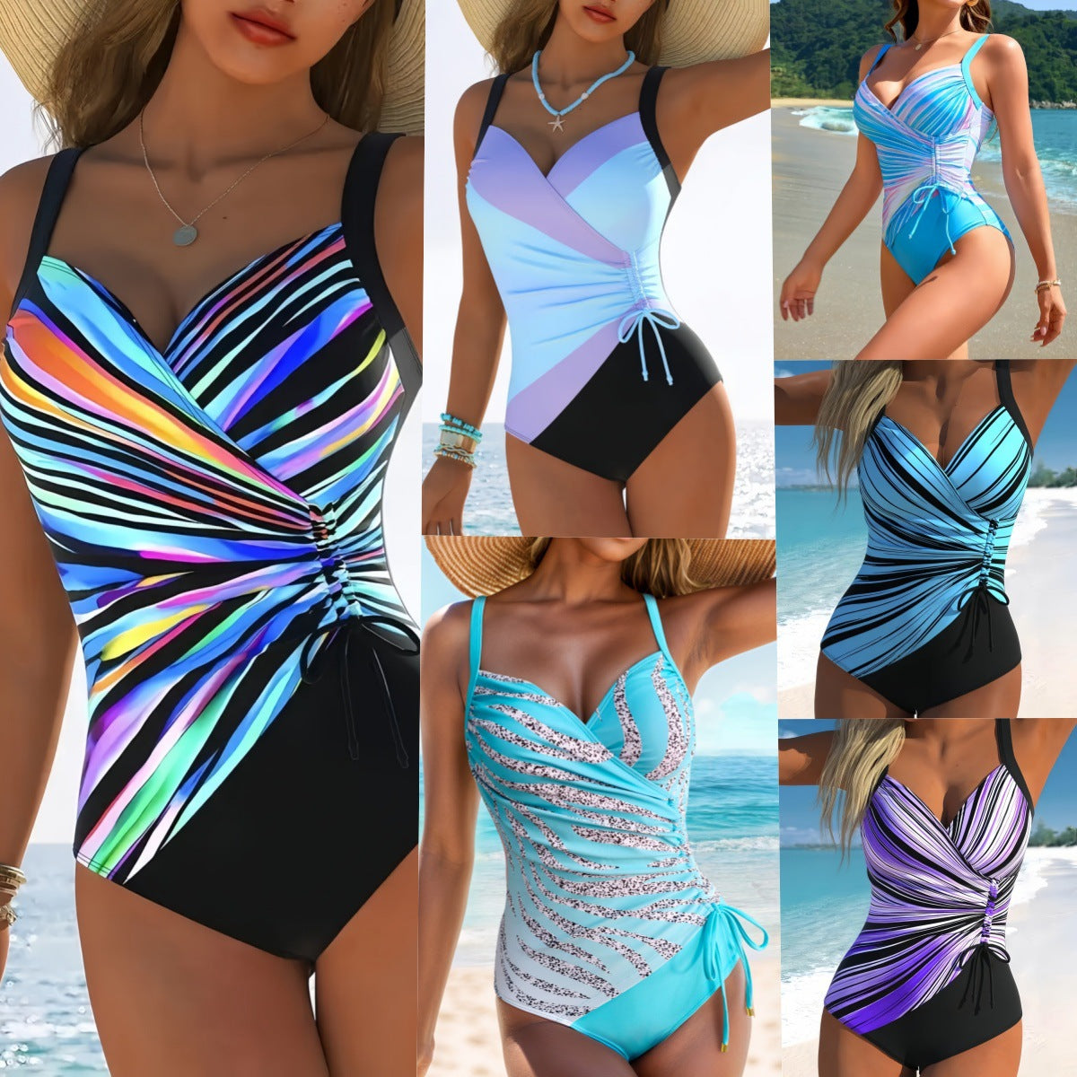 Women Striped Crossover Side-Ruched One-Piece Swimsuit - KaleaBoutique.com