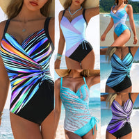 Women Striped Crossover Side-Ruched One-Piece Swimsuit - KaleaBoutique.com
