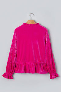 KaleaBoutique Stylish V Neck Velvet Ruffled Cuffs Hem Long Sleeve Top - KaleaBoutique.com