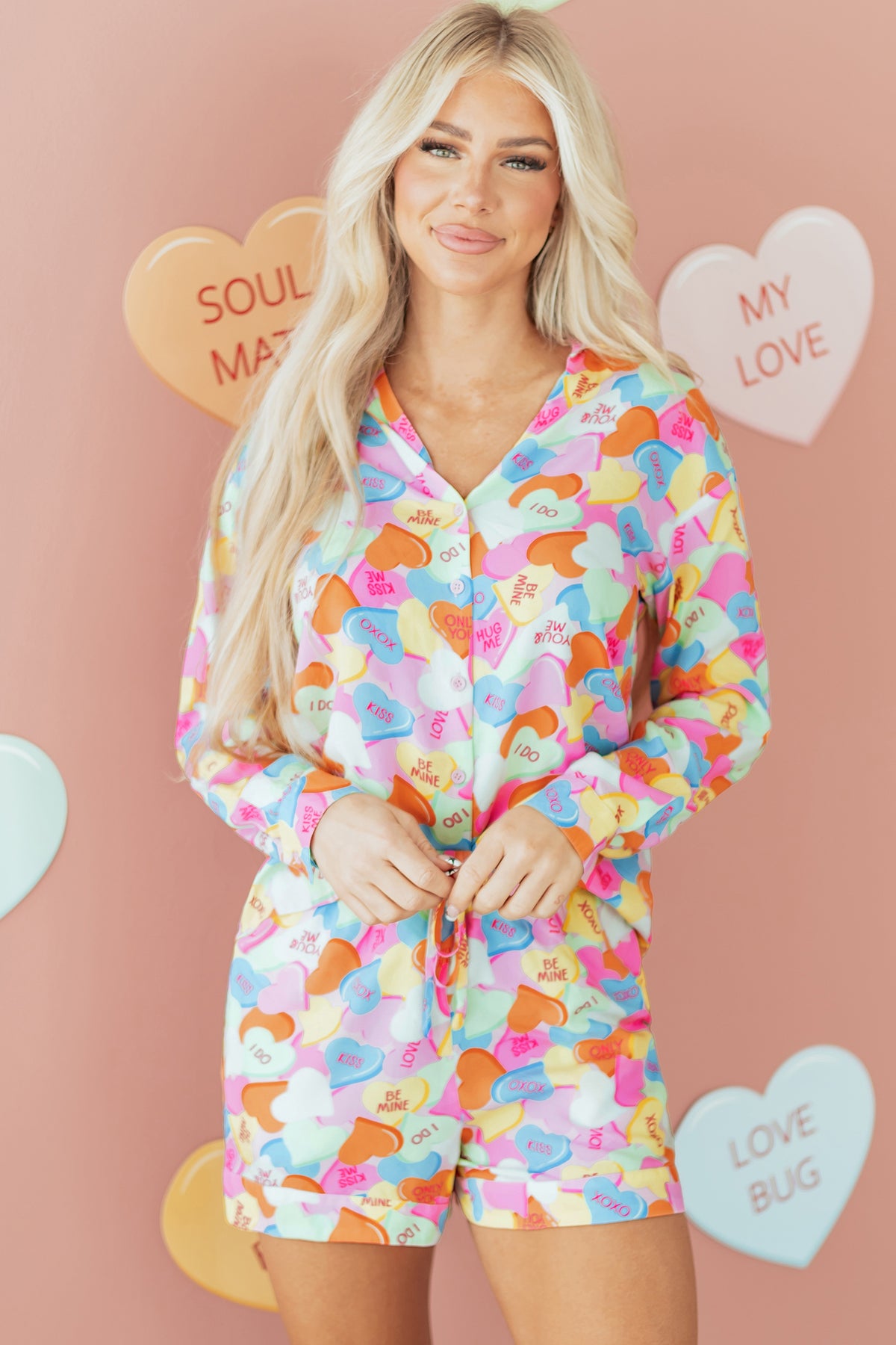 KaleaBoutique Comfortable Valentines Candy Heart V Neck Collared Tunic Shirt and Shorts 2pcs Pajama Set - KaleaBoutique.com