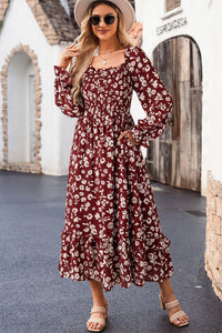KaleaBoutique Comfortable Floral Print Long Sleeve Square Neck Smocked Maxi Dress - KaleaBoutique.com