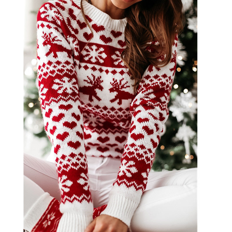Women's Reindeer Snowflake and Heart Crew-Neck Christmas Sweater - KaleaBoutique.com