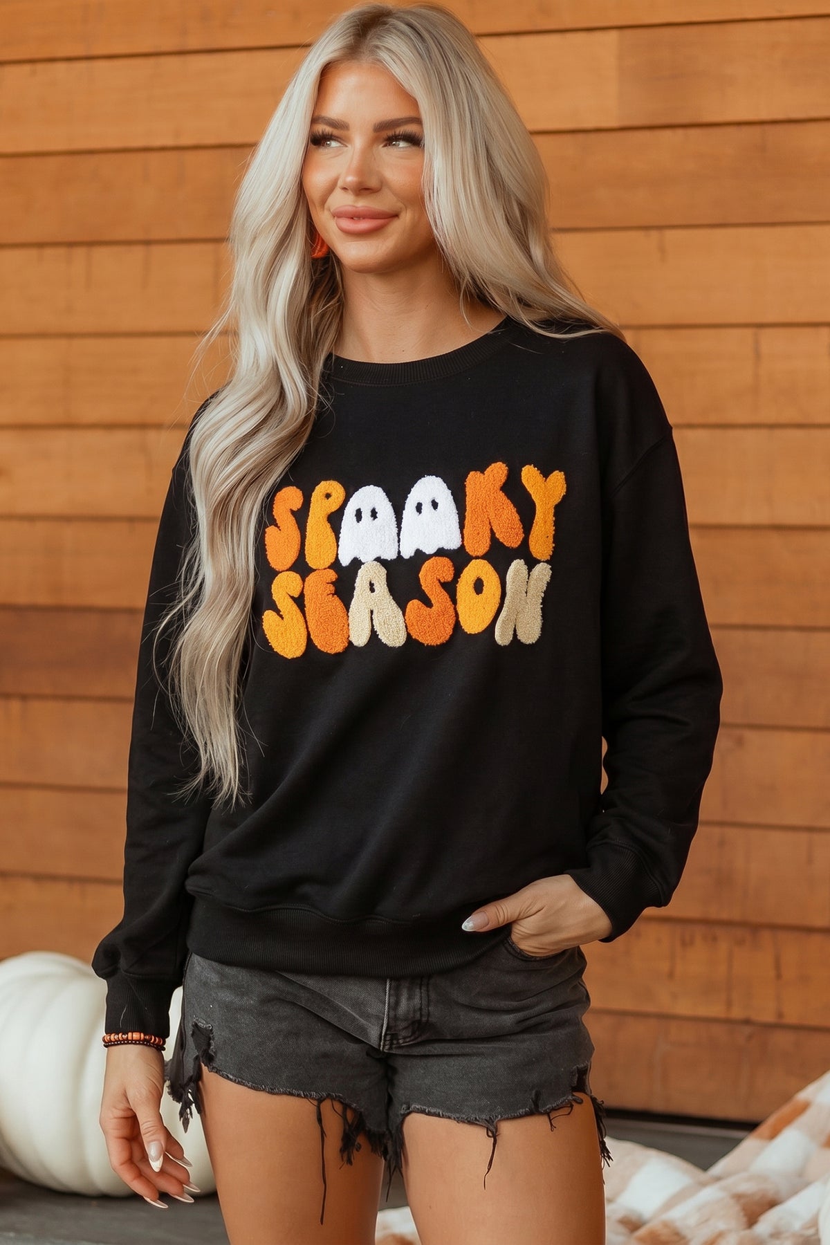 KaleaBoutique Stylish Embroidered Spooky Season Graphic Long Sleeve Round Neck Pullover Sweatshirt - KaleaBoutique.com