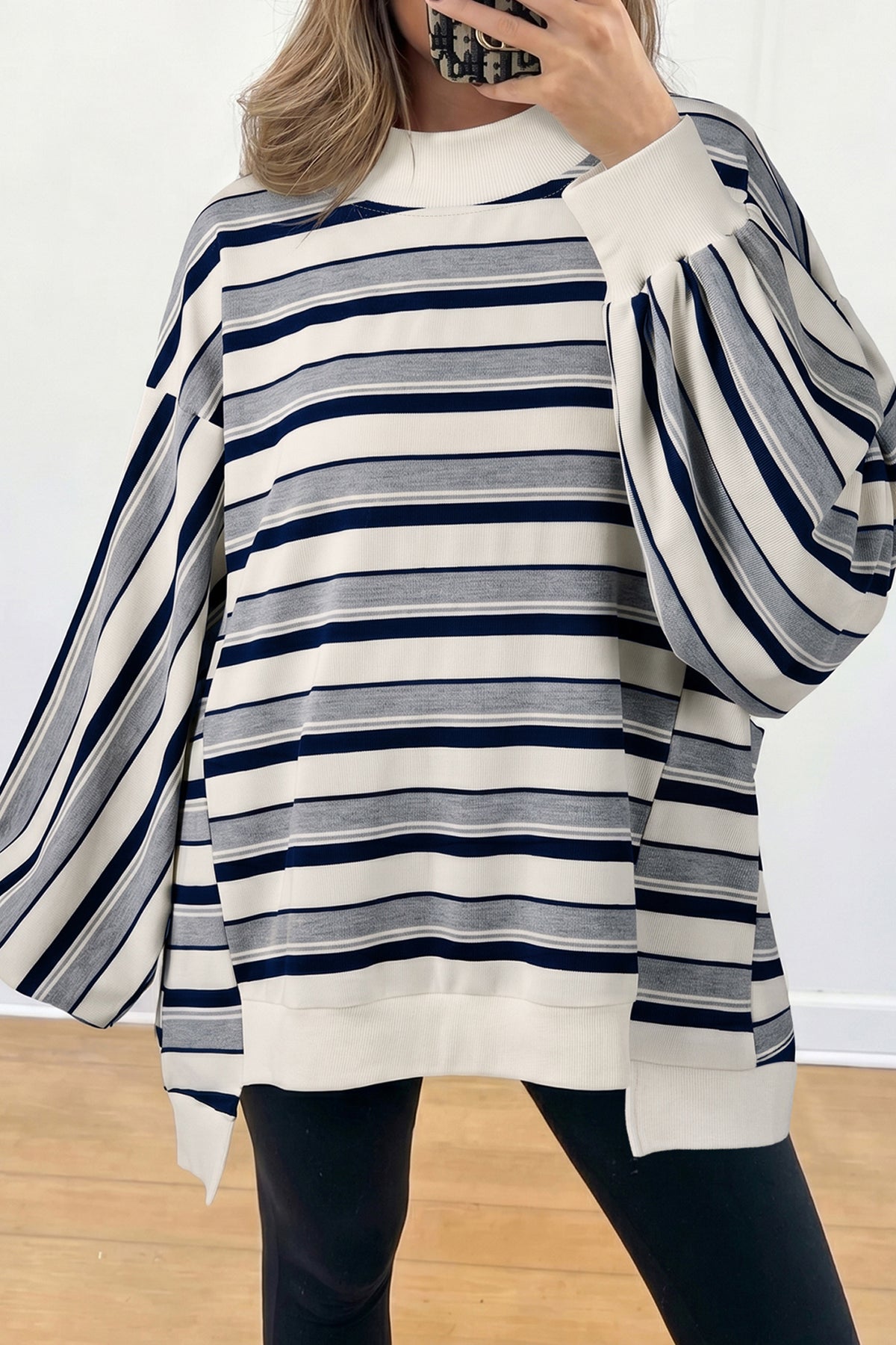 KaleaBoutique Stylish Striped Ribbed Stand Neck Long Sleeve Shift Silhouette Sweatshirt - KaleaBoutique.com