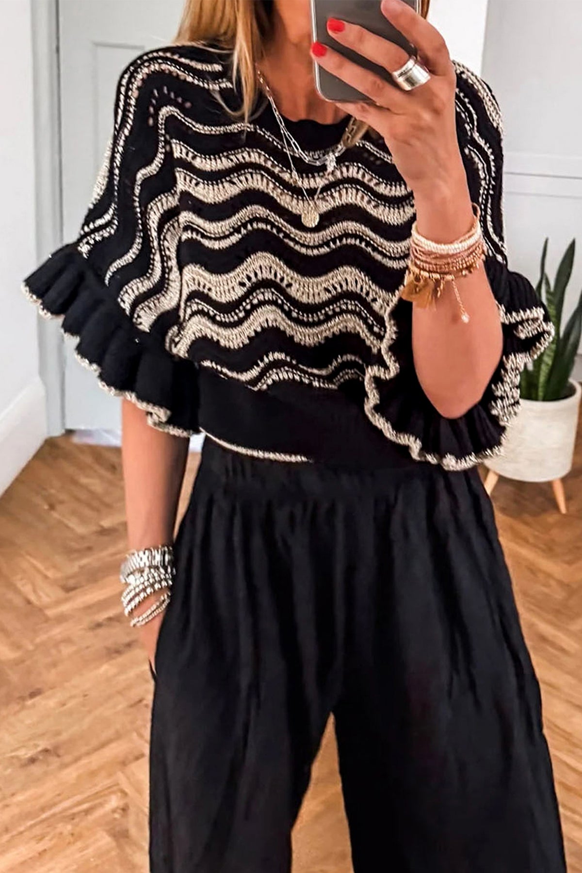 KaleaBoutique Stylish Wavy Crochet Eyelet Detail Ruffle Half Sleeve Sweater - KaleaBoutique.com