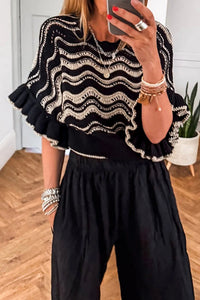 KaleaBoutique Stylish Wavy Crochet Eyelet Detail Ruffle Half Sleeve Sweater - KaleaBoutique.com