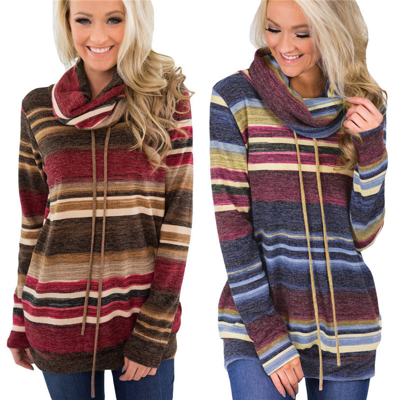 Women's Multicolor Striped Cowl-Neck Pullover with Drawstrings - KaleaBoutique.com
