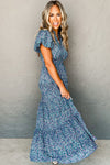KaleaBoutique Printed V Neck Shirred Short Puff Sleeve Maxi Dress - KaleaBoutique.com