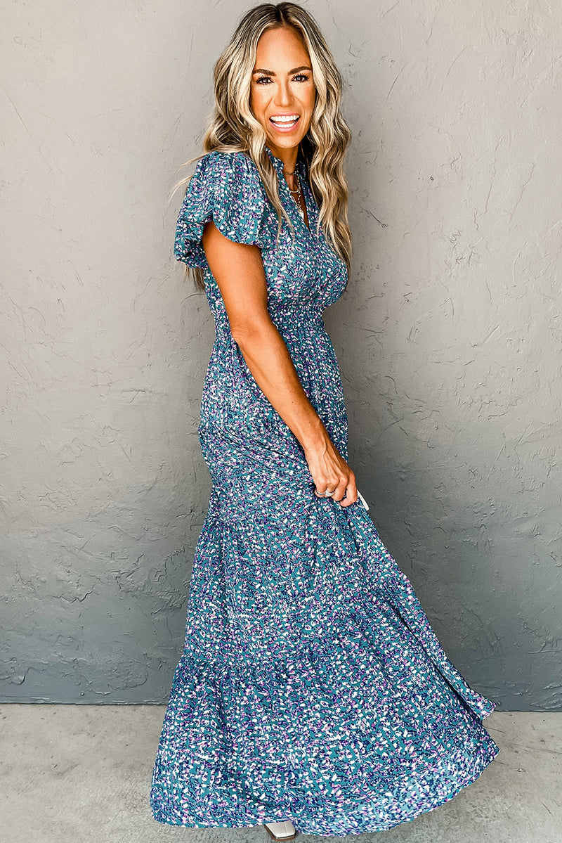 KaleaBoutique Printed V Neck Shirred Short Puff Sleeve Maxi Dress - KaleaBoutique.com