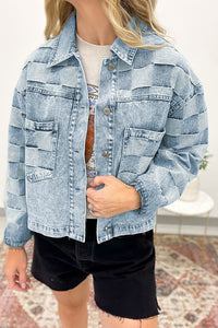 Denim Checkered Pattern Patchwork Womens Casual Jacket - KaleaBoutique.com