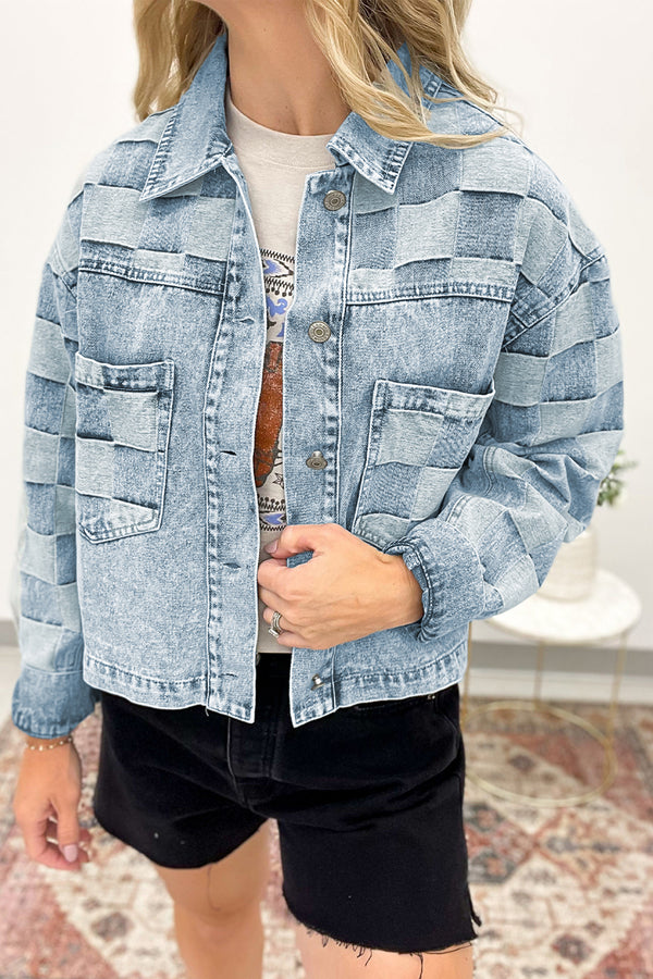 Denim Checkered Pattern Patchwork Womens Casual Jacket - KaleaBoutique.com