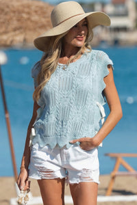 KaleaBoutique Stylish Pointelle Knit Patterned Scalloped Trim Short Sleeve Sweater - KaleaBoutique.com