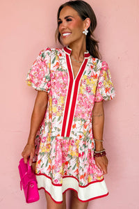 KaleaBoutique Stylish Color Block Floral Print Contrast Trim V Neck Ruffle Hem Mini Dress - KaleaBoutique.com
