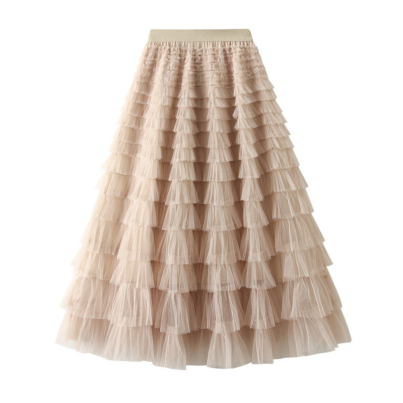 A-Line Mesh Ruffle Skirt Women's Temperament Sweet Long Skirt Slim Cupcake Dress Womens Clothing - KaleaBoutique.com