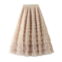 A-Line Mesh Ruffle Skirt Women's Temperament Sweet Long Skirt Slim Cupcake Dress Womens Clothing - KaleaBoutique.com