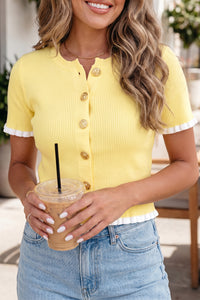 KaleaBoutique Stylish Ribbed Knit Contrast Frilled Short Sleeve Sweater Cardigan - KaleaBoutique.com