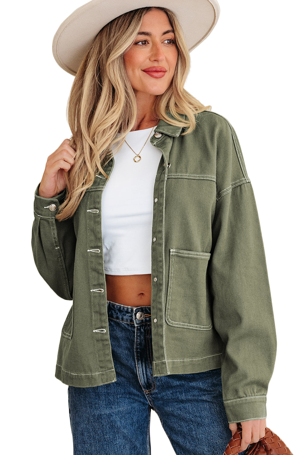 Patched Pocket Collared Button Front Boyfriend Denim Jacket - KaleaBoutique.com