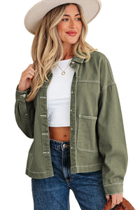 Patched Pocket Collared Button Front Boyfriend Denim Jacket - KaleaBoutique.com