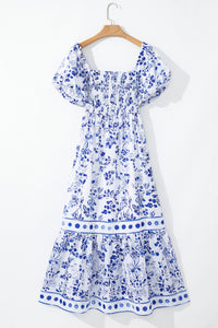 KaleaBoutique Stylish Floral Print Square Neck Bubble Sleeve High Waist Maxi Dress - KaleaBoutique.com