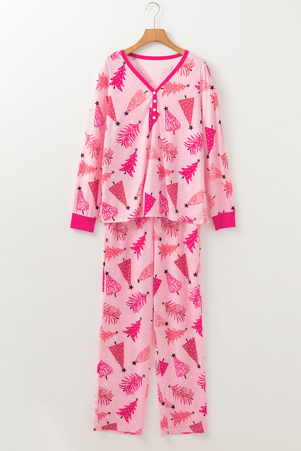 KaleaBoutique Stylish Christmas Tree Print V Neck Buttoned Pullover and Drawstring Pants Lounge Set - KaleaBoutique.com