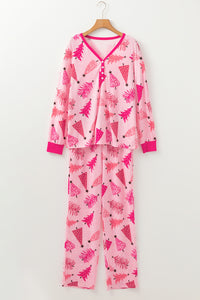 KaleaBoutique Stylish Christmas Tree Print V Neck Buttoned Pullover and Drawstring Pants Lounge Set - KaleaBoutique.com