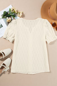 KaleaBoutique Chic Solid Color Textured Notched Neck Puff Sleeve Blouse - KaleaBoutique.com