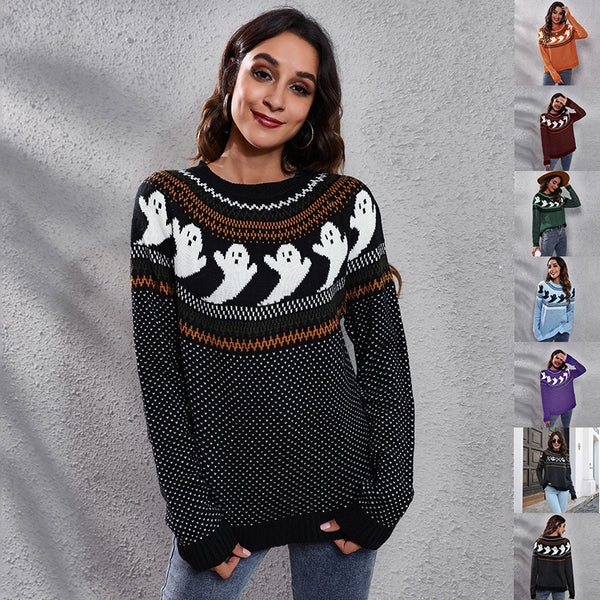 Halloween Cartoon Ghost Polka Dot Pullover Sweater Autumn And Winter Loose Long-sleeved Knitted Tops For Women - KaleaBoutique.com