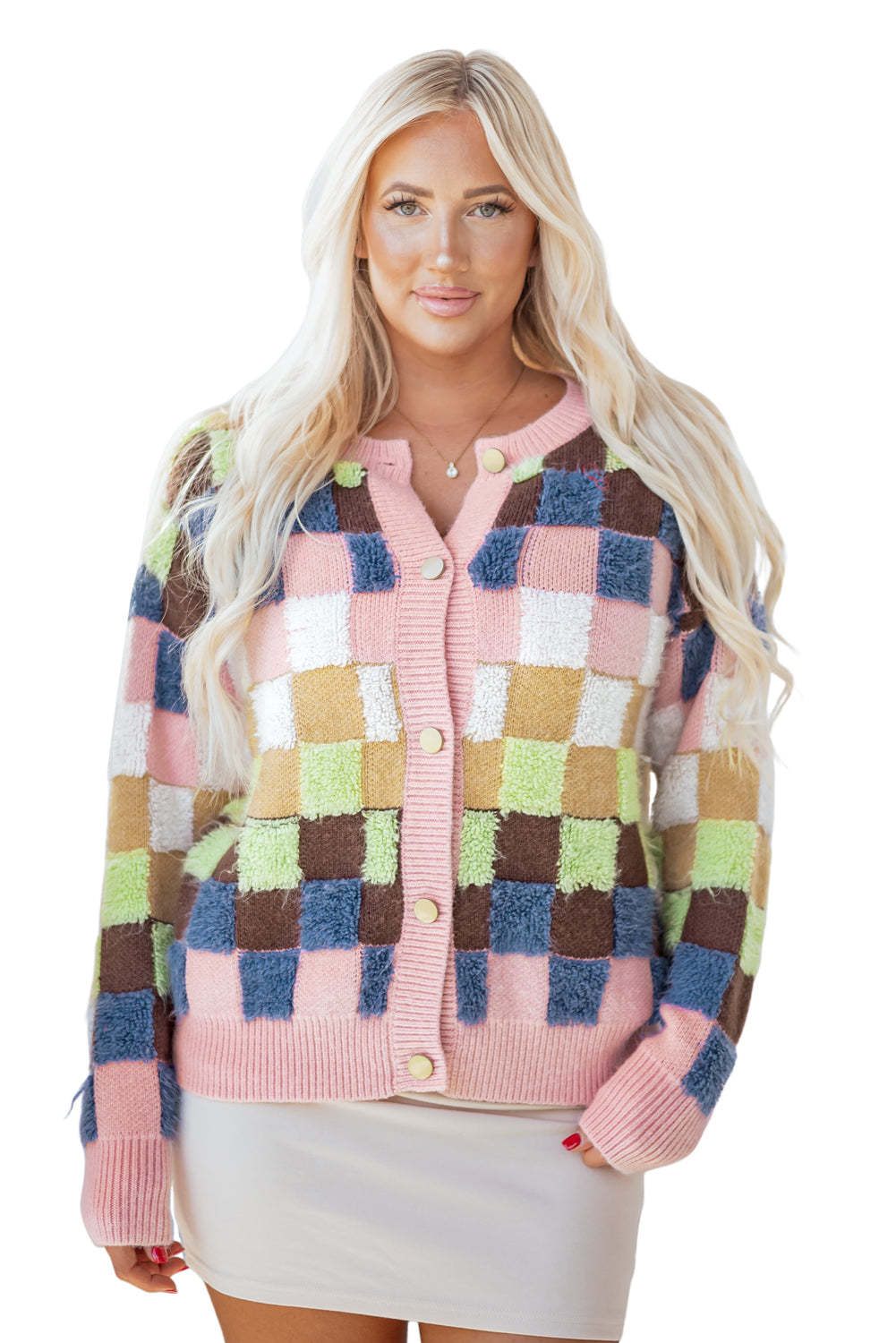 KaleaBoutique Stylish Plush Checkered Pattern Button Front Cardigan Sweater - KaleaBoutique.com