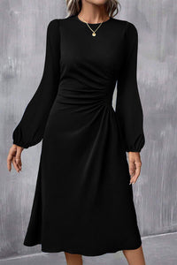 KaleaBoutique Solid Color Ruched Detail Long Sleeve Midi Dress - KaleaBoutique.com